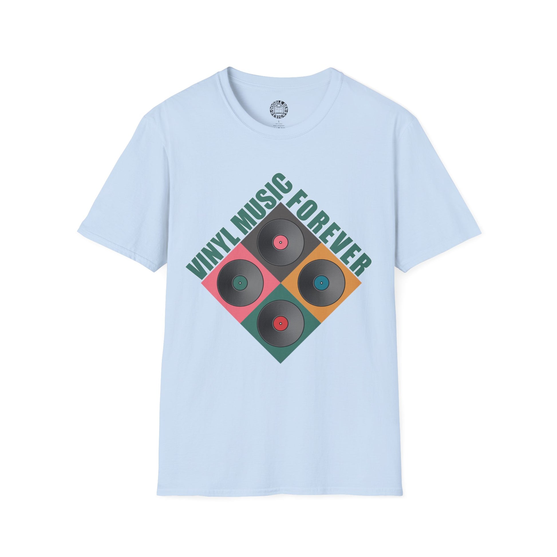 Light blue t-shirt with vinyl record design and 'Vinyl Music Forever' text on a white background