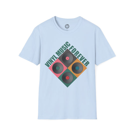 Light blue t-shirt with vinyl record design and 'Vinyl Music Forever' text on a white background