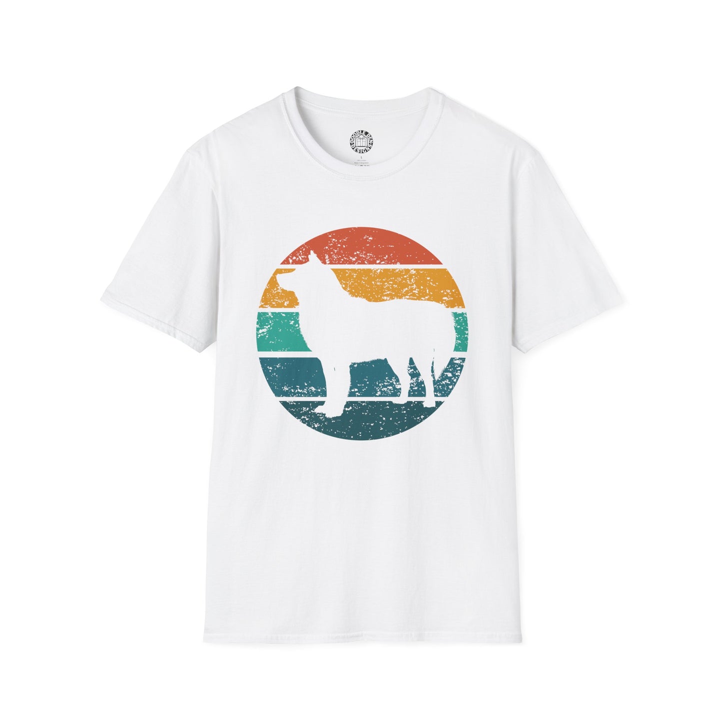 White t-shirt with a colorful graphic of a Siberian Husky dog on a white background