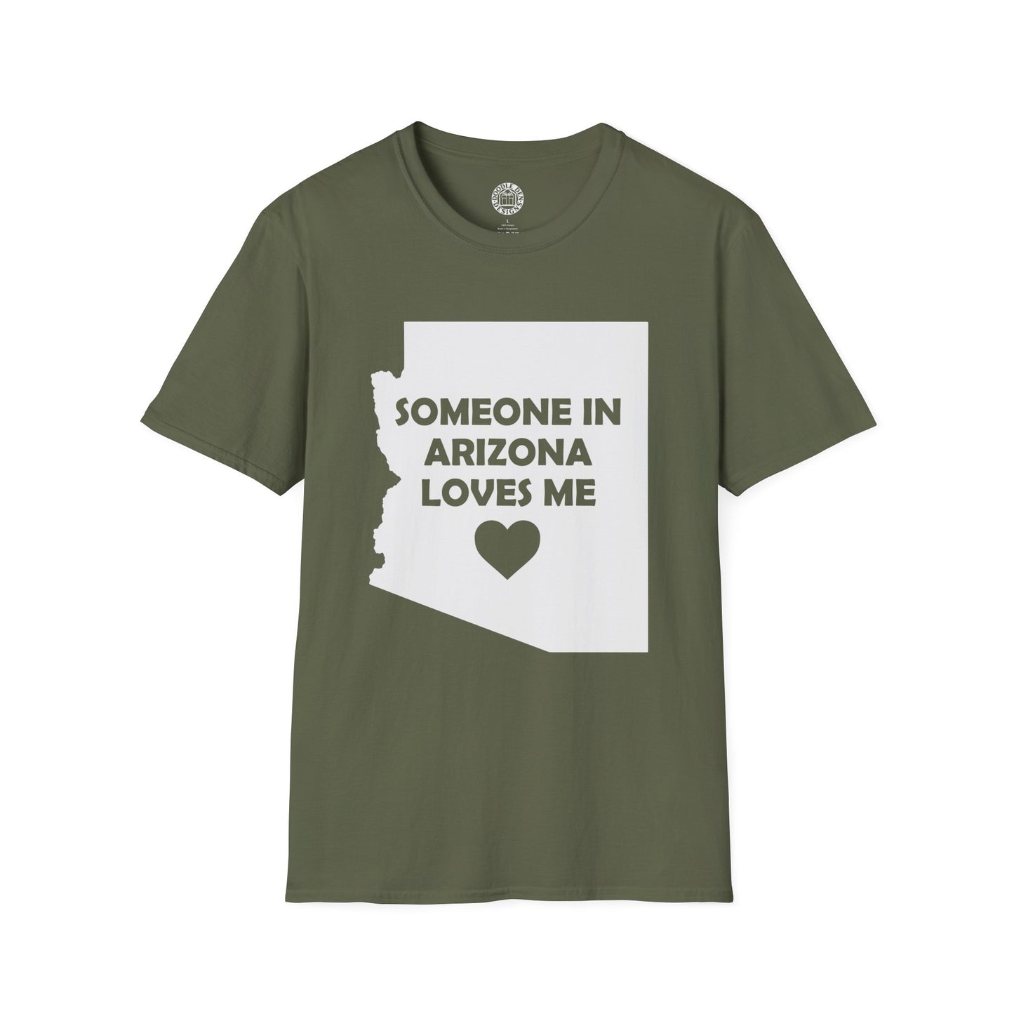 Green t-shirt with 'Someone in Arizona loves me' graphic on a white background