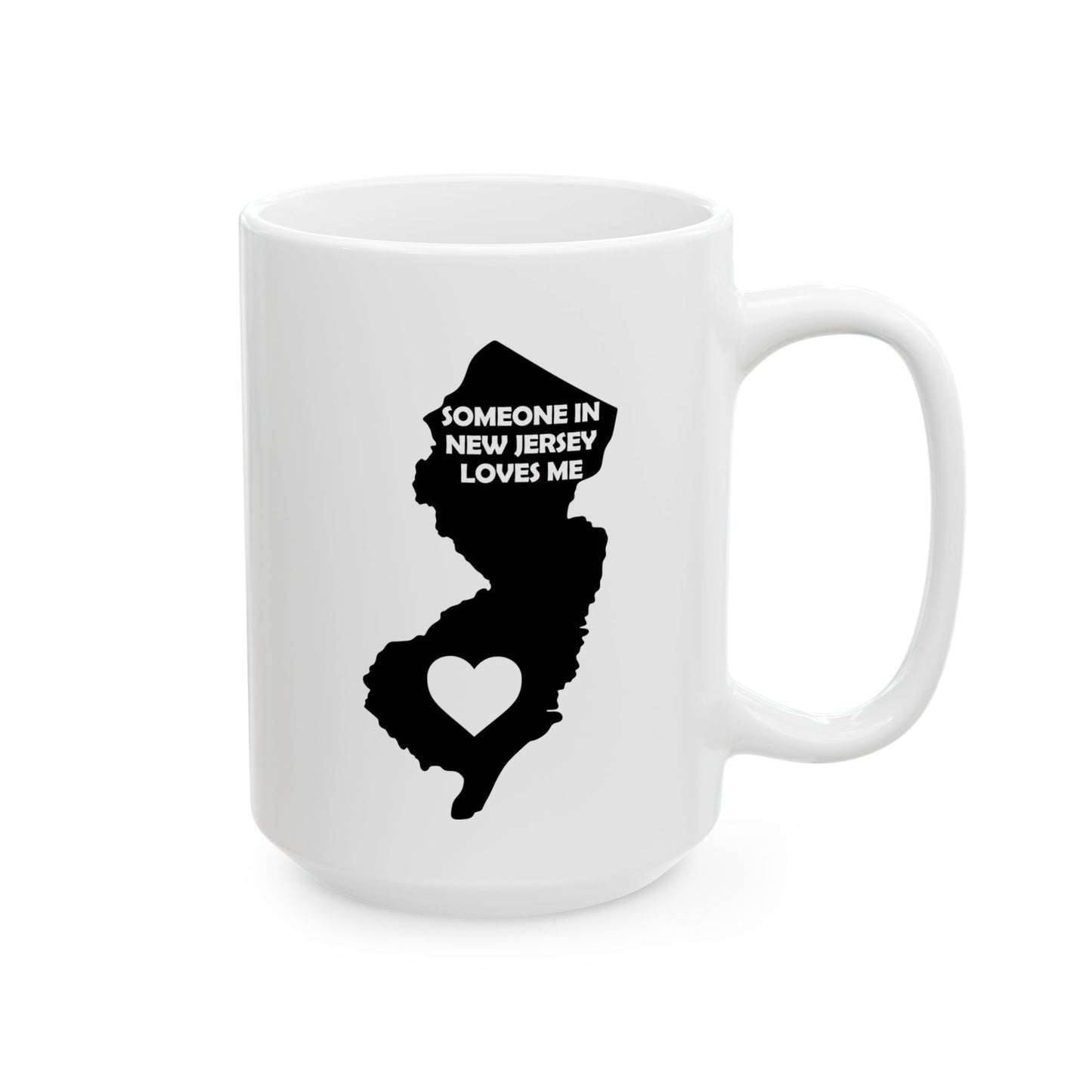 White mug with black silhouette of New Jersey and text 'Someone in New Jersey loves me' on a white background
