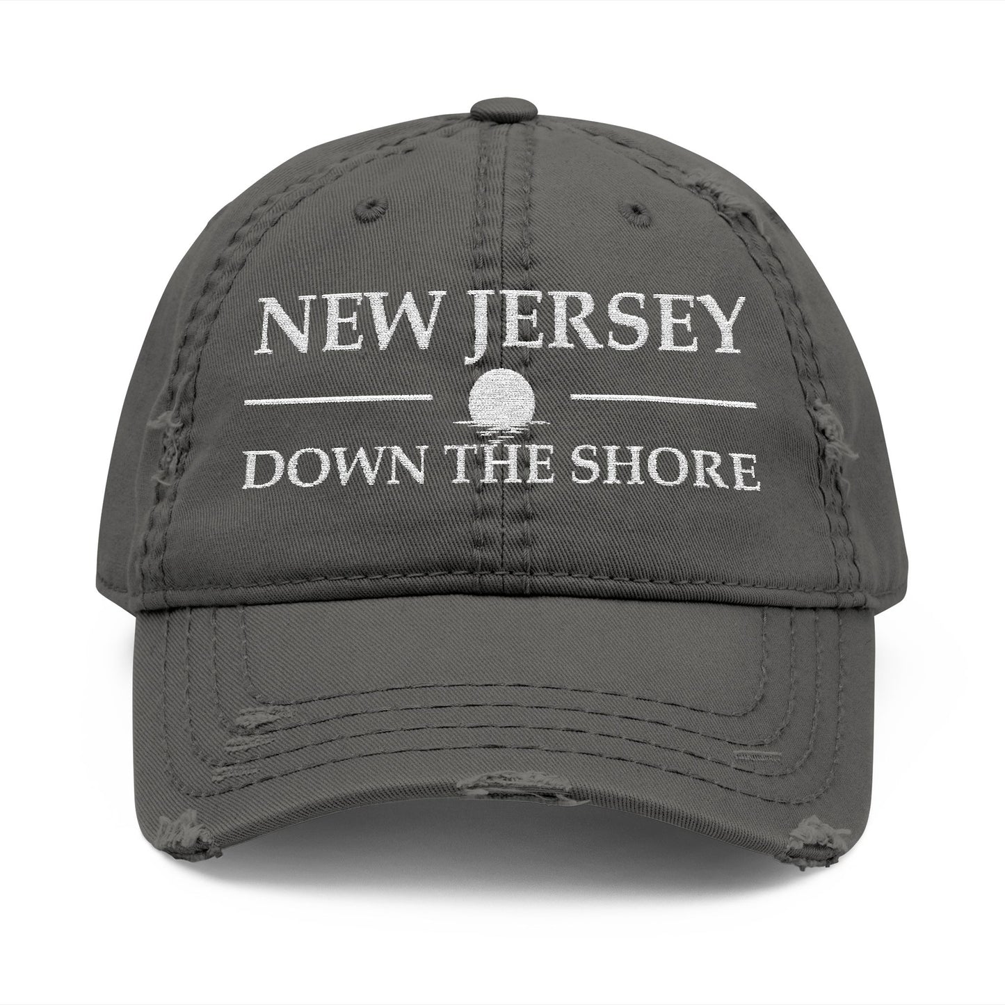 Gray cap with 'New Jersey Down the Shore' text  embroidered in white thread