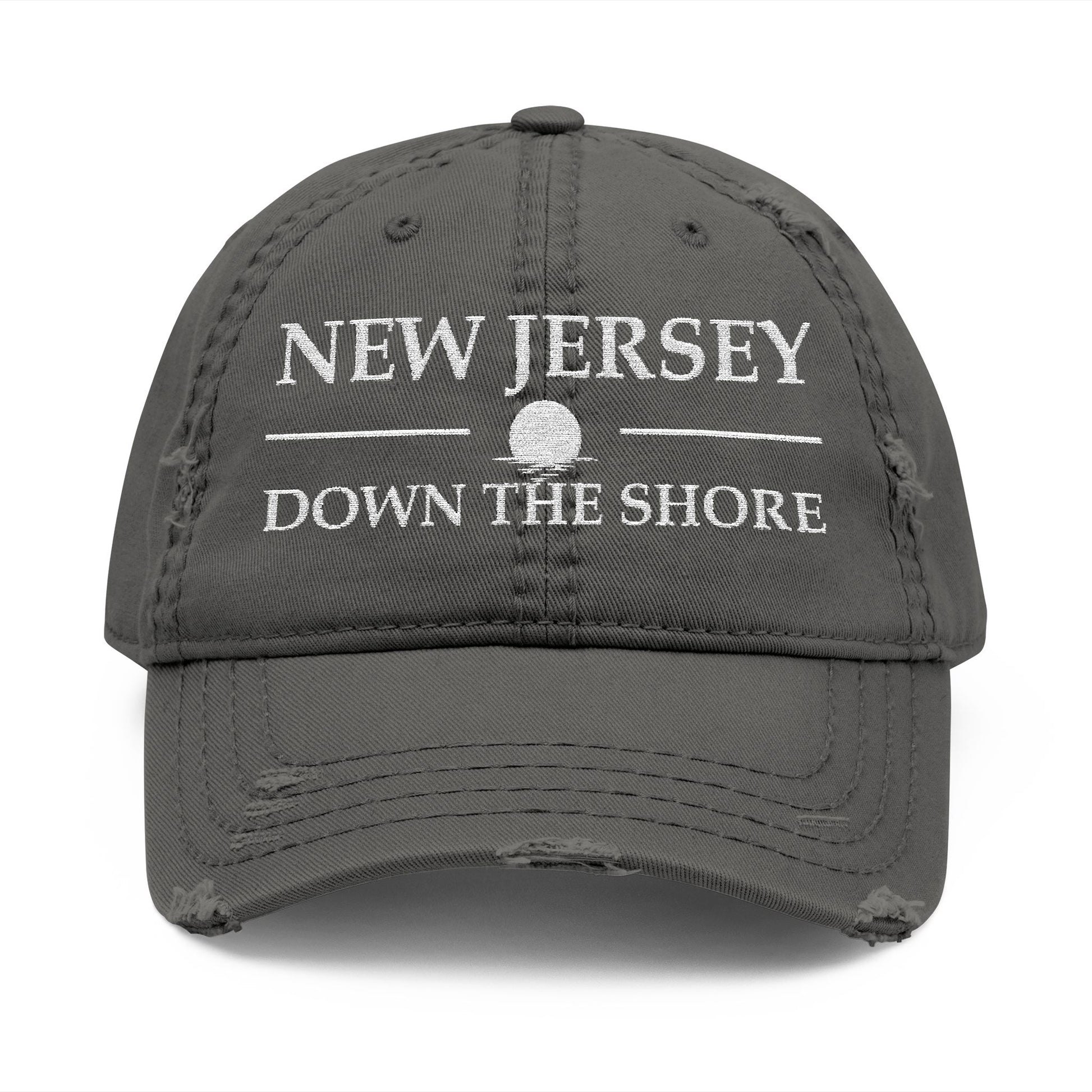 Gray cap with 'New Jersey Down the Shore' text  embroidered in white thread