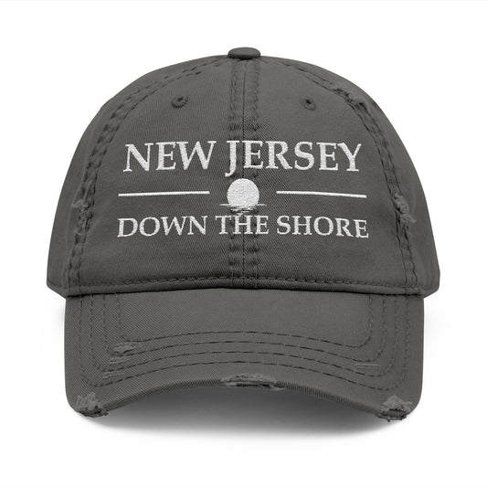 Gray cap with 'New Jersey Down the Shore' text  embroidered in white thread