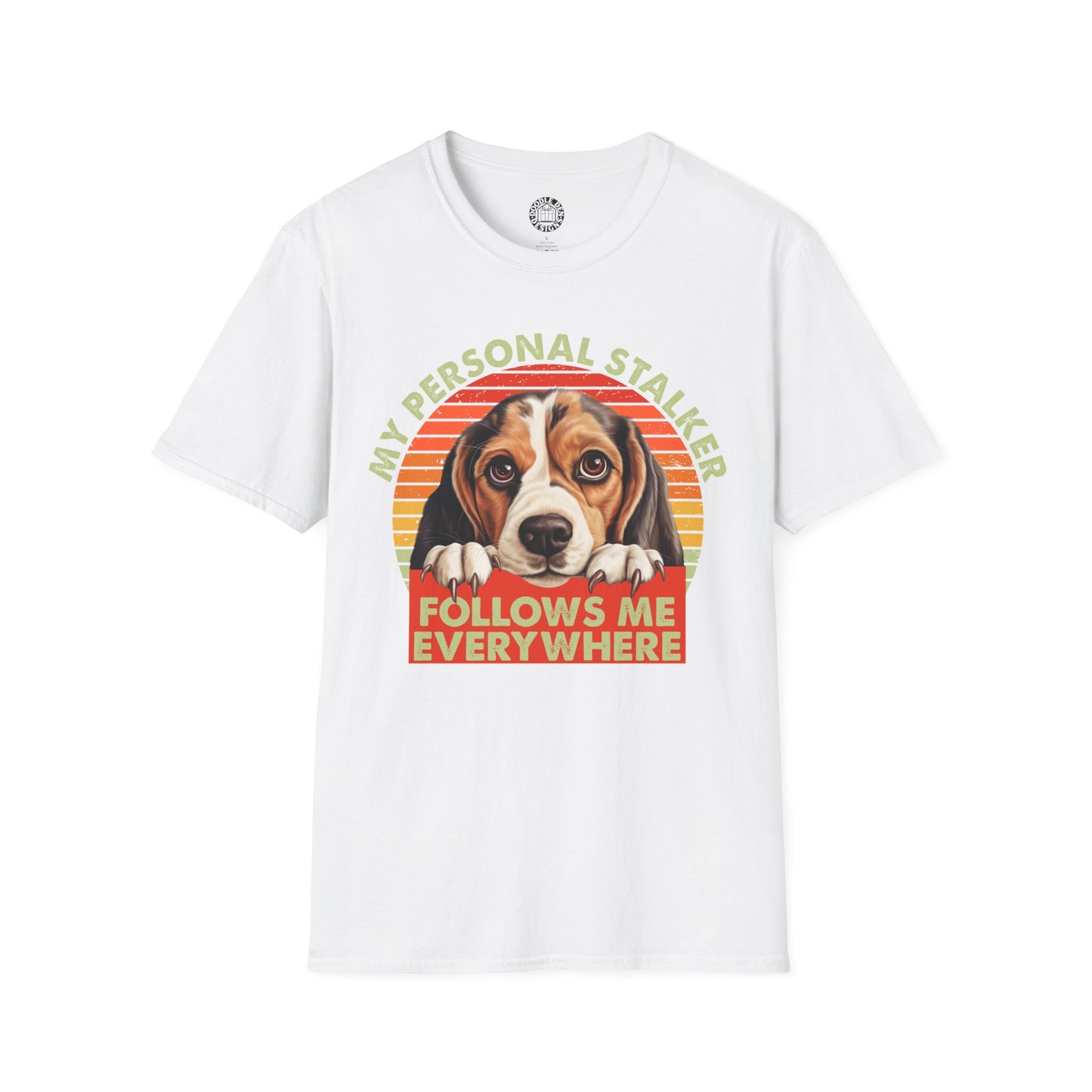 White t-shirt with a Beagle dog graphic and text on a white background