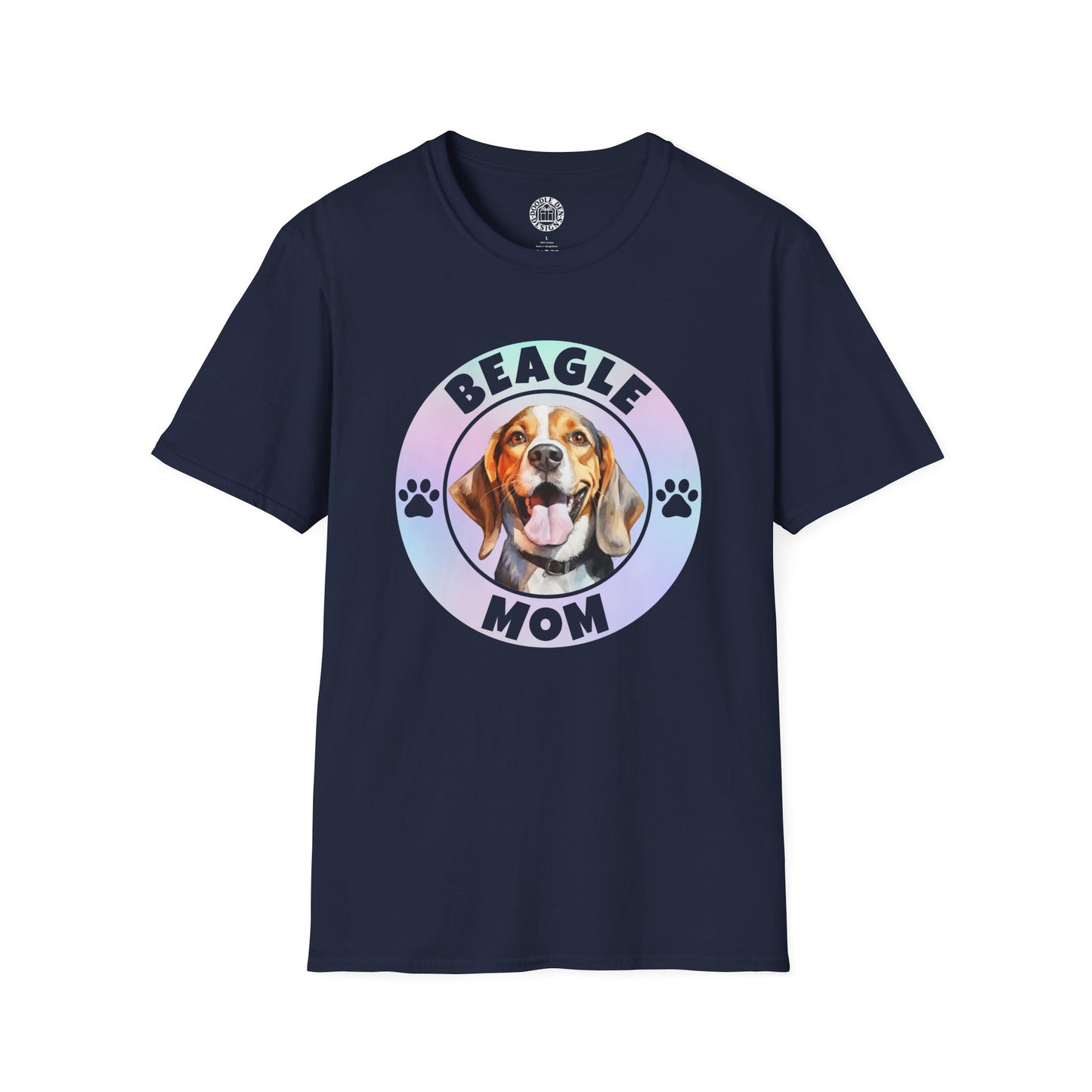 Navy blue t-shirt with a beagle graphic and 'Beagle Mom' text on a white background