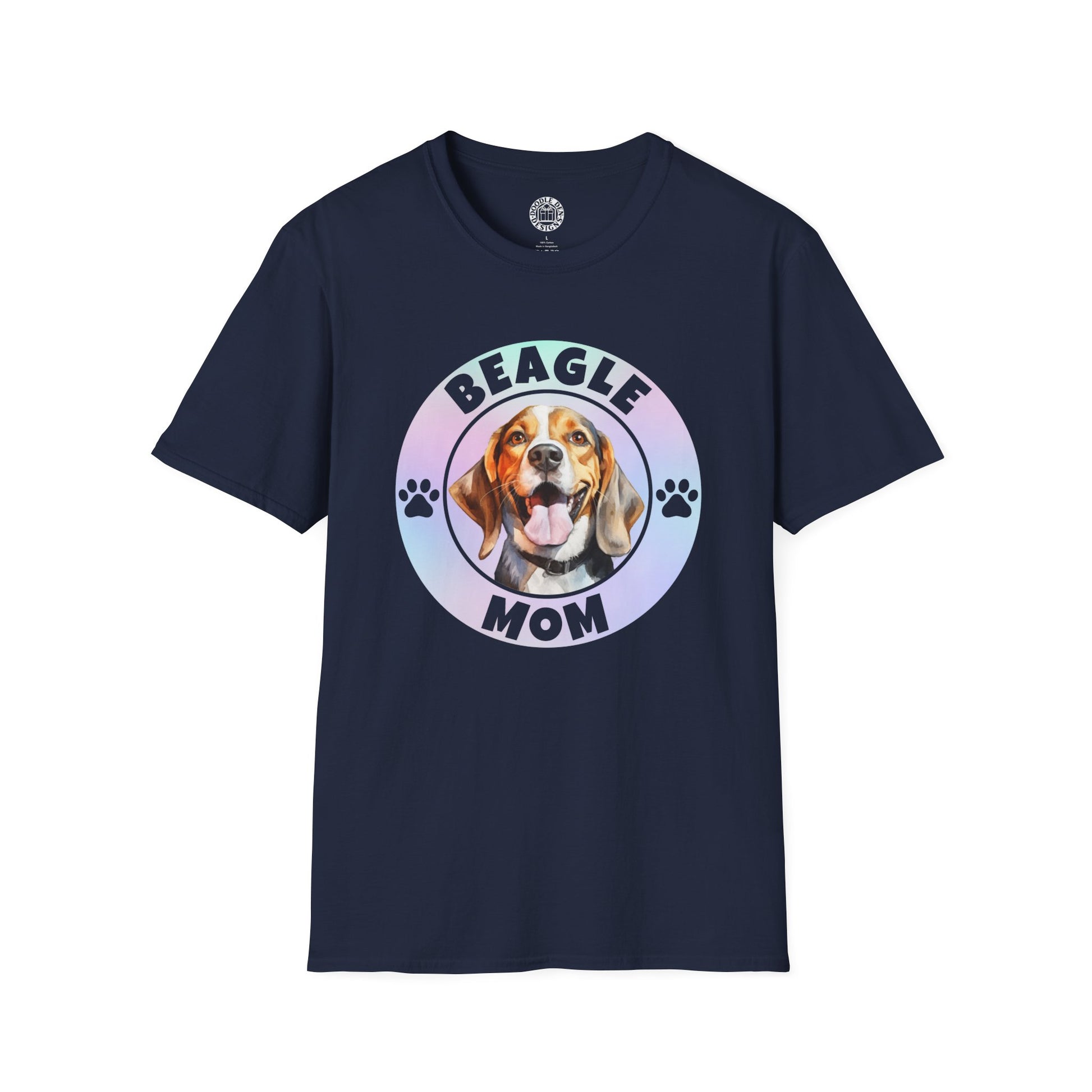 Navy blue t-shirt with a beagle graphic and 'Beagle Mom' text on a white background