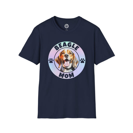Navy blue t-shirt with a beagle graphic and 'Beagle Mom' text on a white background