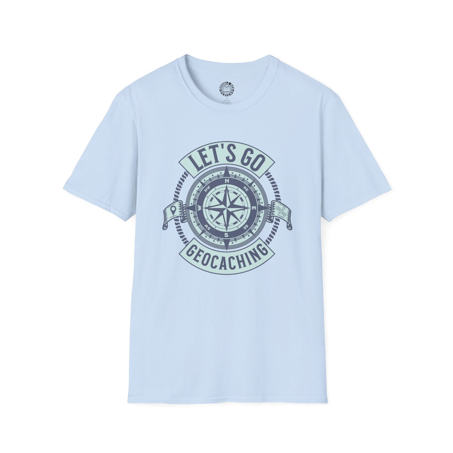 Light blue t-shirt with 'Let's Go Geocaching' graphic on a white background