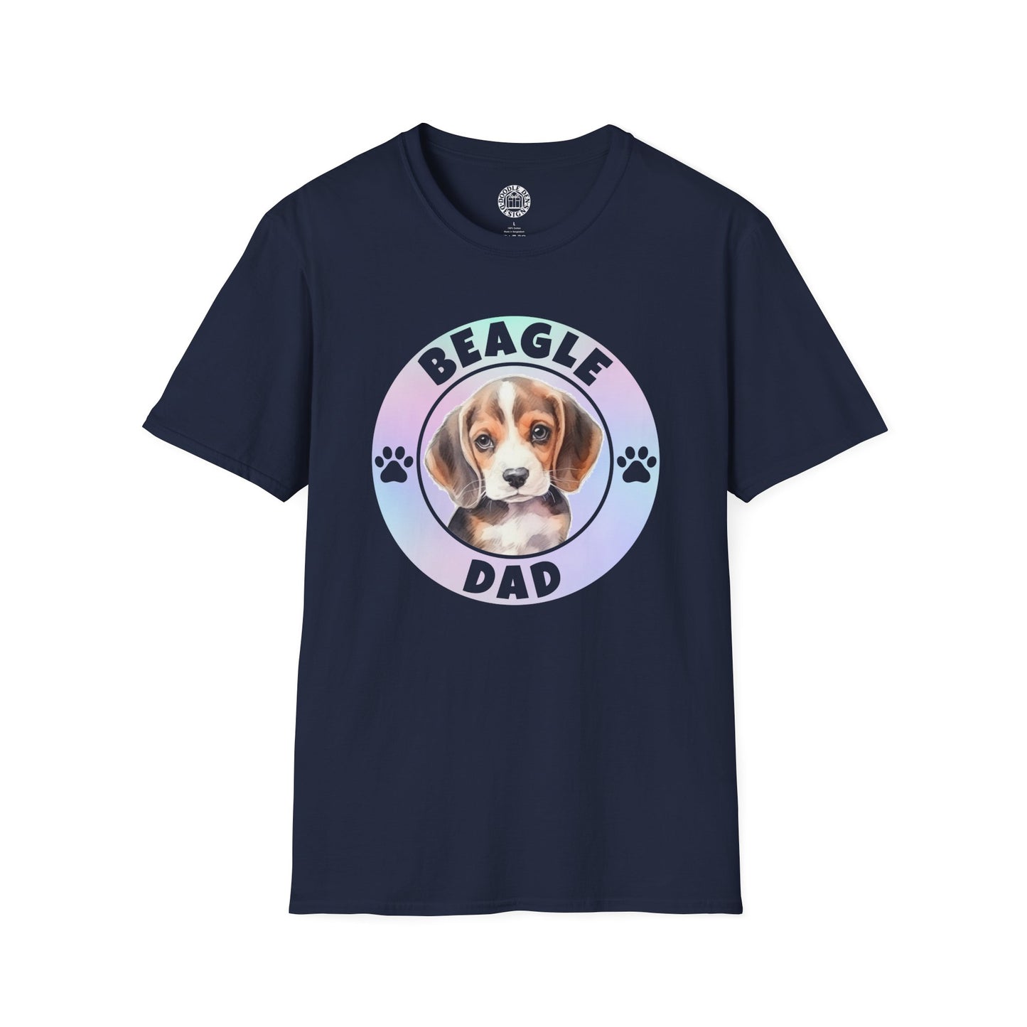 Navy blue t-shirt with a beagle graphic and 'Beagle Dad' text on a white background