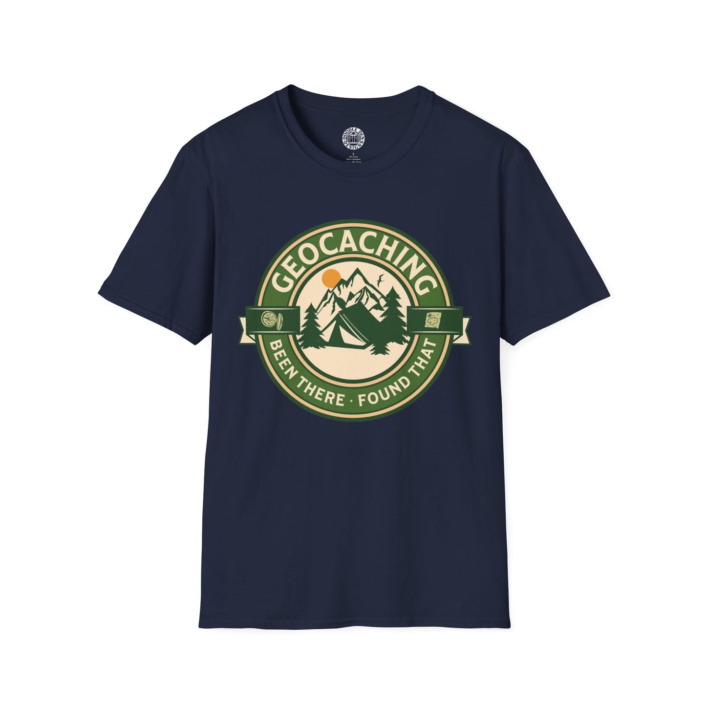 Navy blue t-shirt with geocaching graphic on a white background