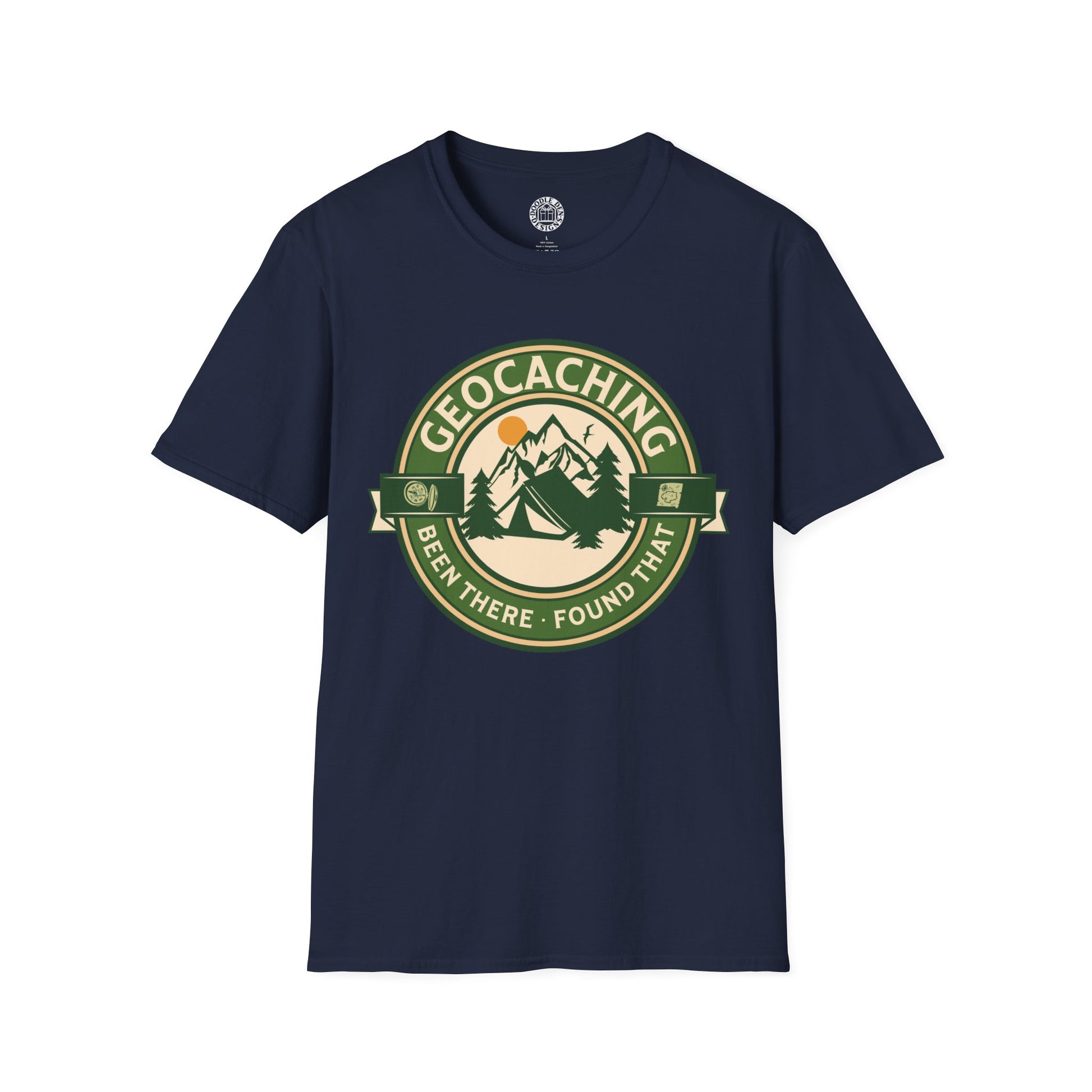 Navy blue t-shirt with geocaching graphic on a white background