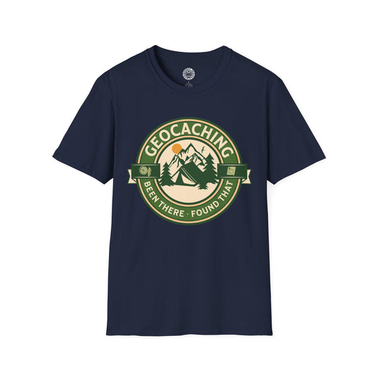 Navy blue t-shirt with geocaching graphic on a white background