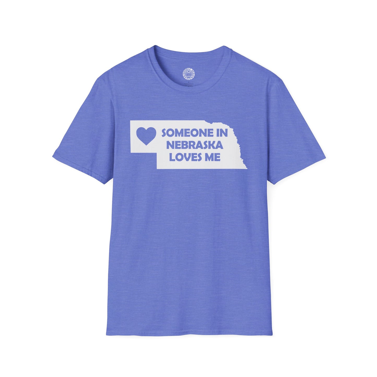 Blue t-shirt with a graphic and text 'Someone in Nebraska loves me' on a white background
