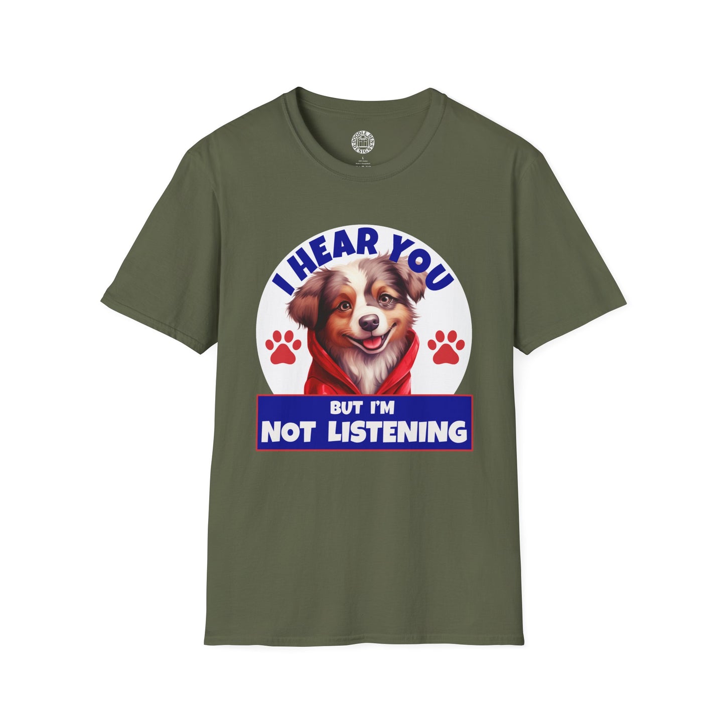 Green t-shirt with a Australian Shepherd dog graphic and text on a white background