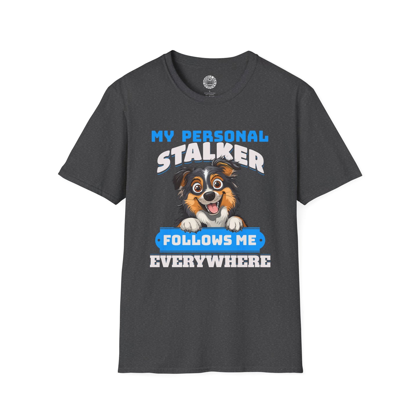 Black t-shirt with a Australian Shepherd dog graphic and text on a white background