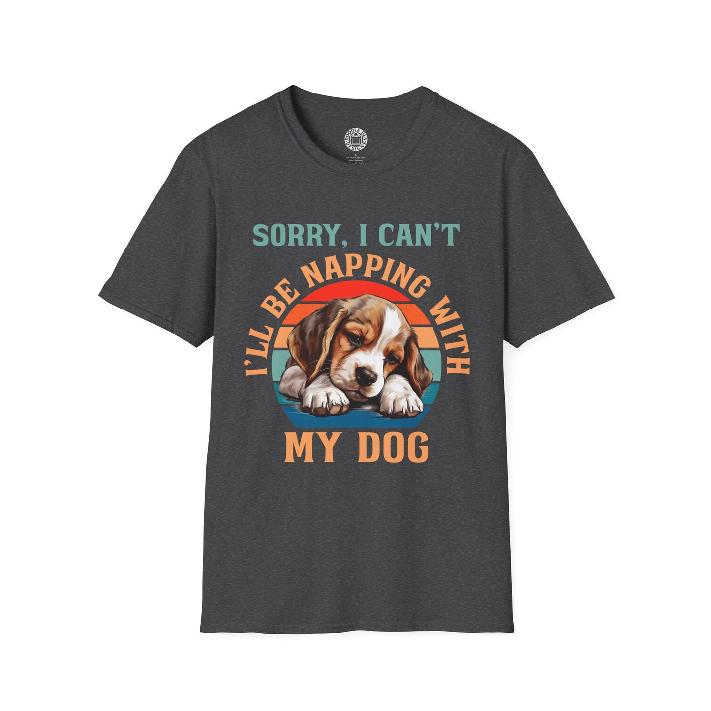 Black t-shirt with a beagle dog graphic and text on a white background