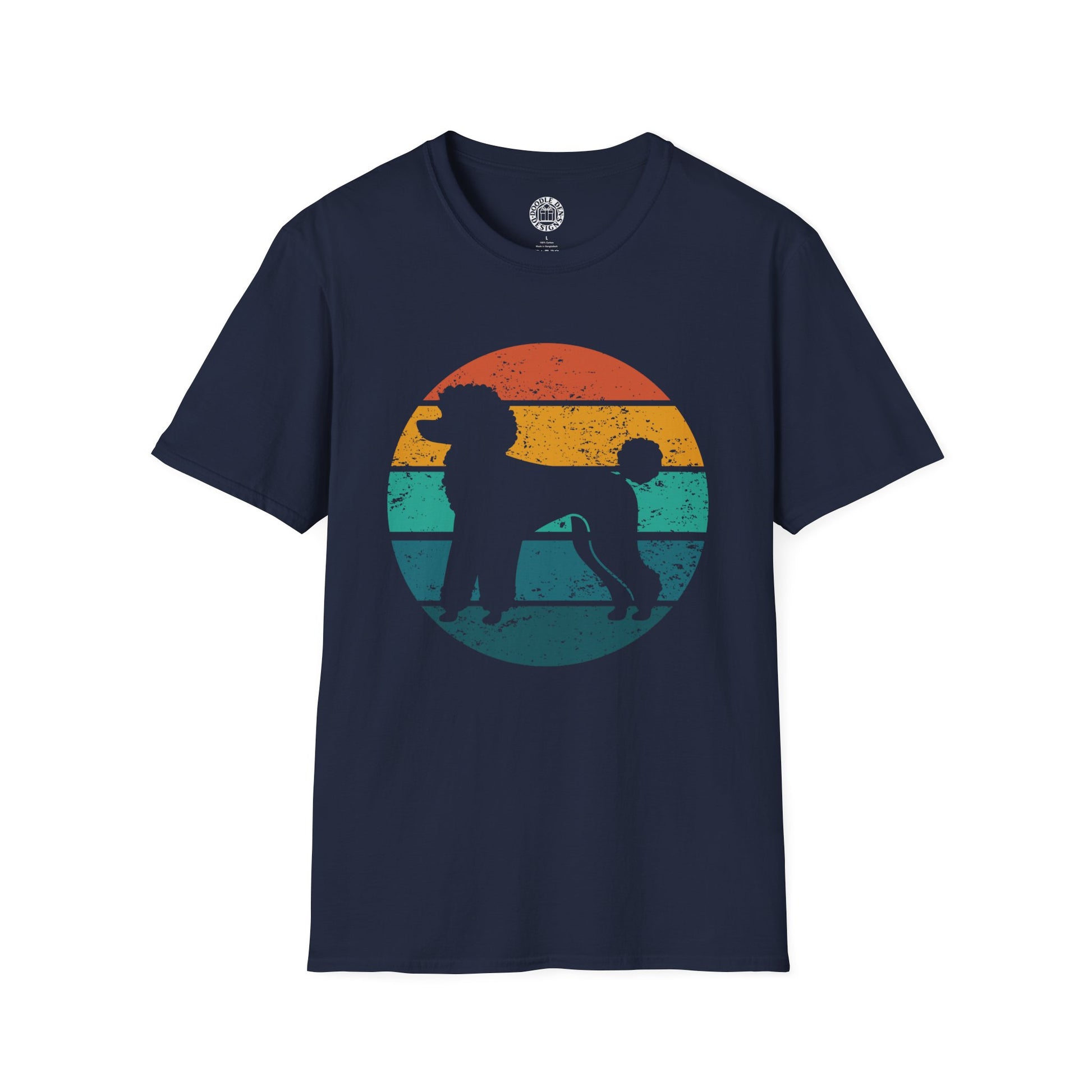 Navy blue t-shirt with a colorful graphic of poodle dog on a white background