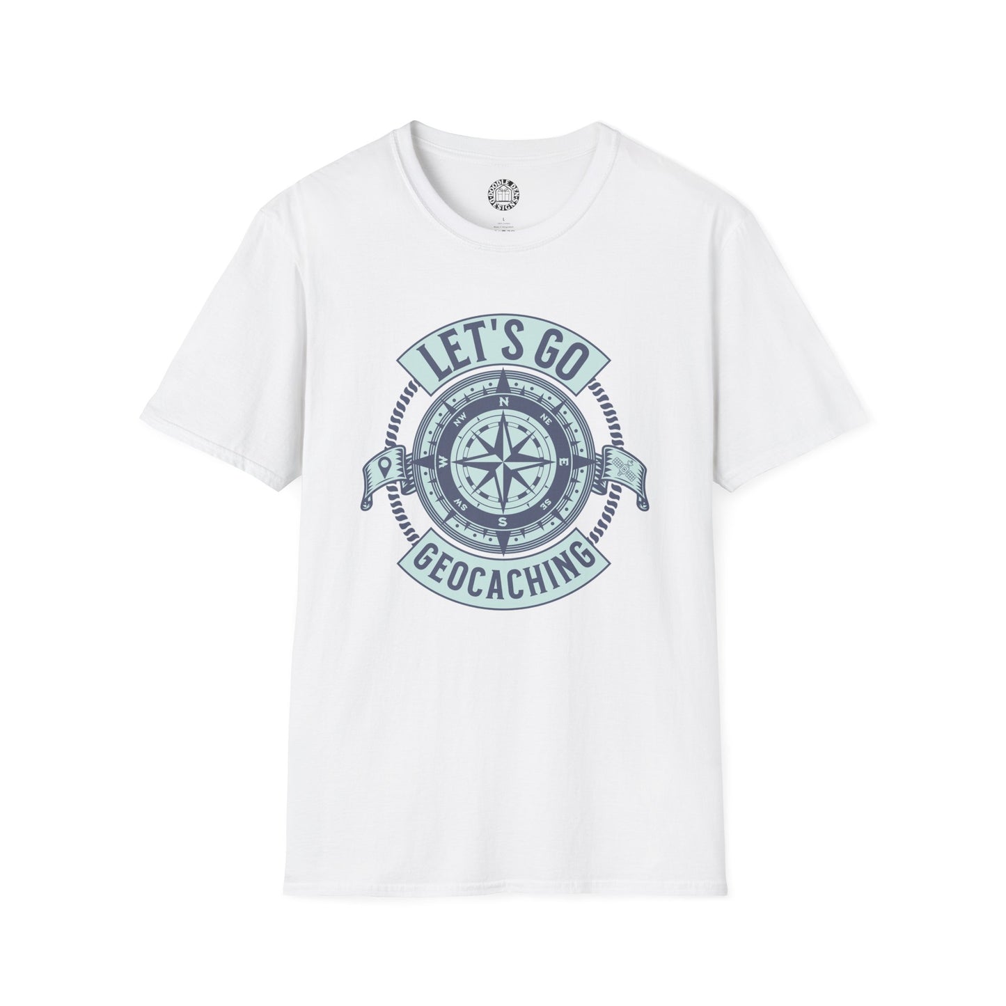 White t-shirt with 'Let's Go Geocaching' graphic design on a white background