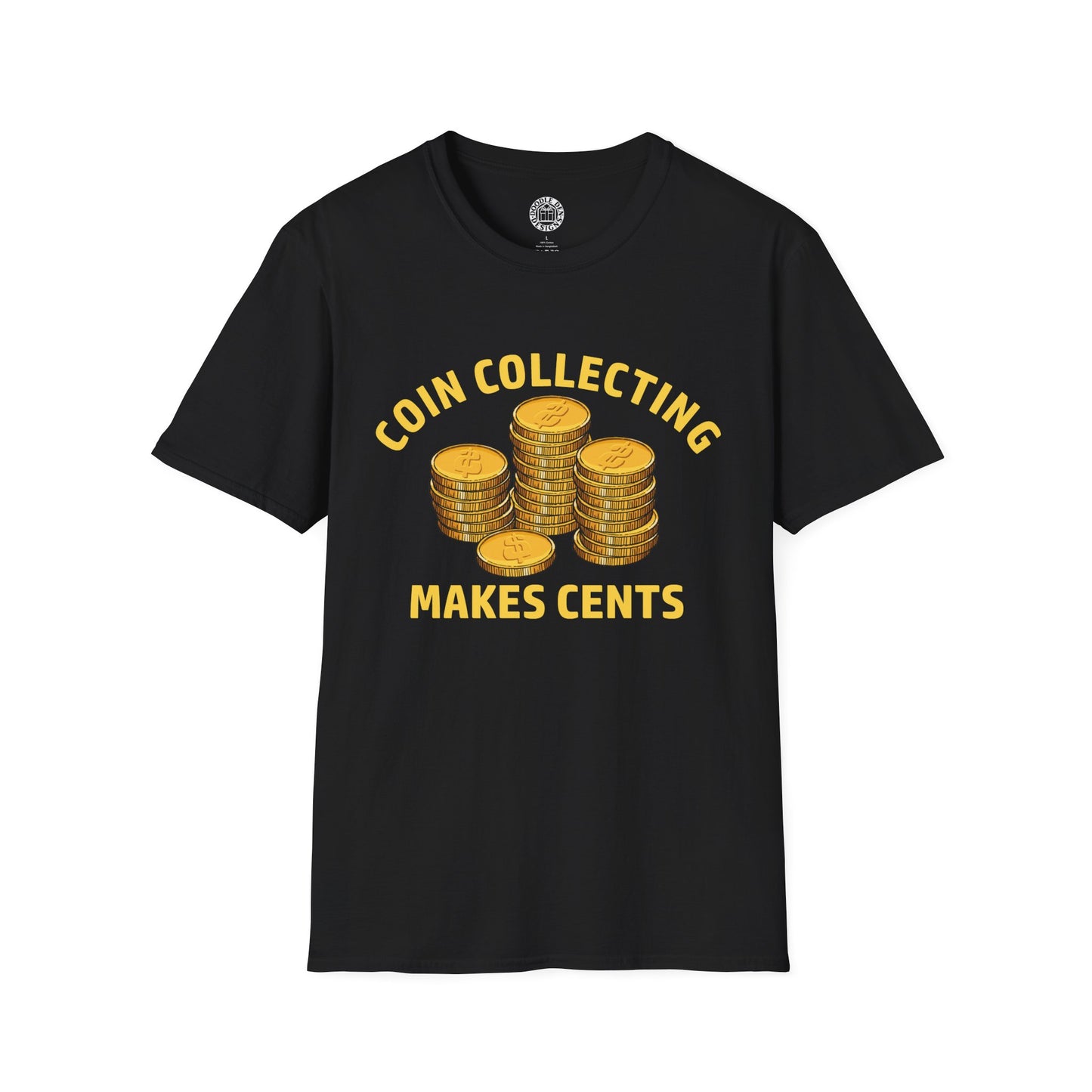 Black t-shirt with gold coins and text on a white background for Numismatist coin collector