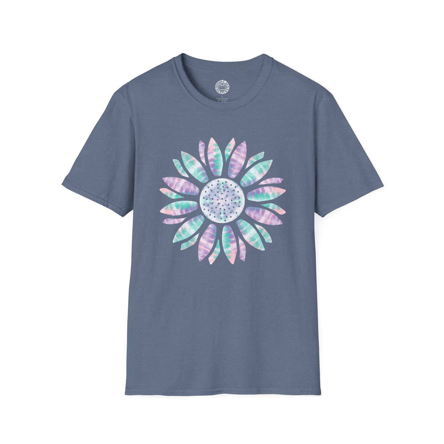 Blue t-shirt with a colorful sunflower flower design on a white background
