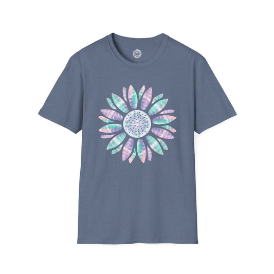 Blue t-shirt with a colorful sunflower flower design on a white background