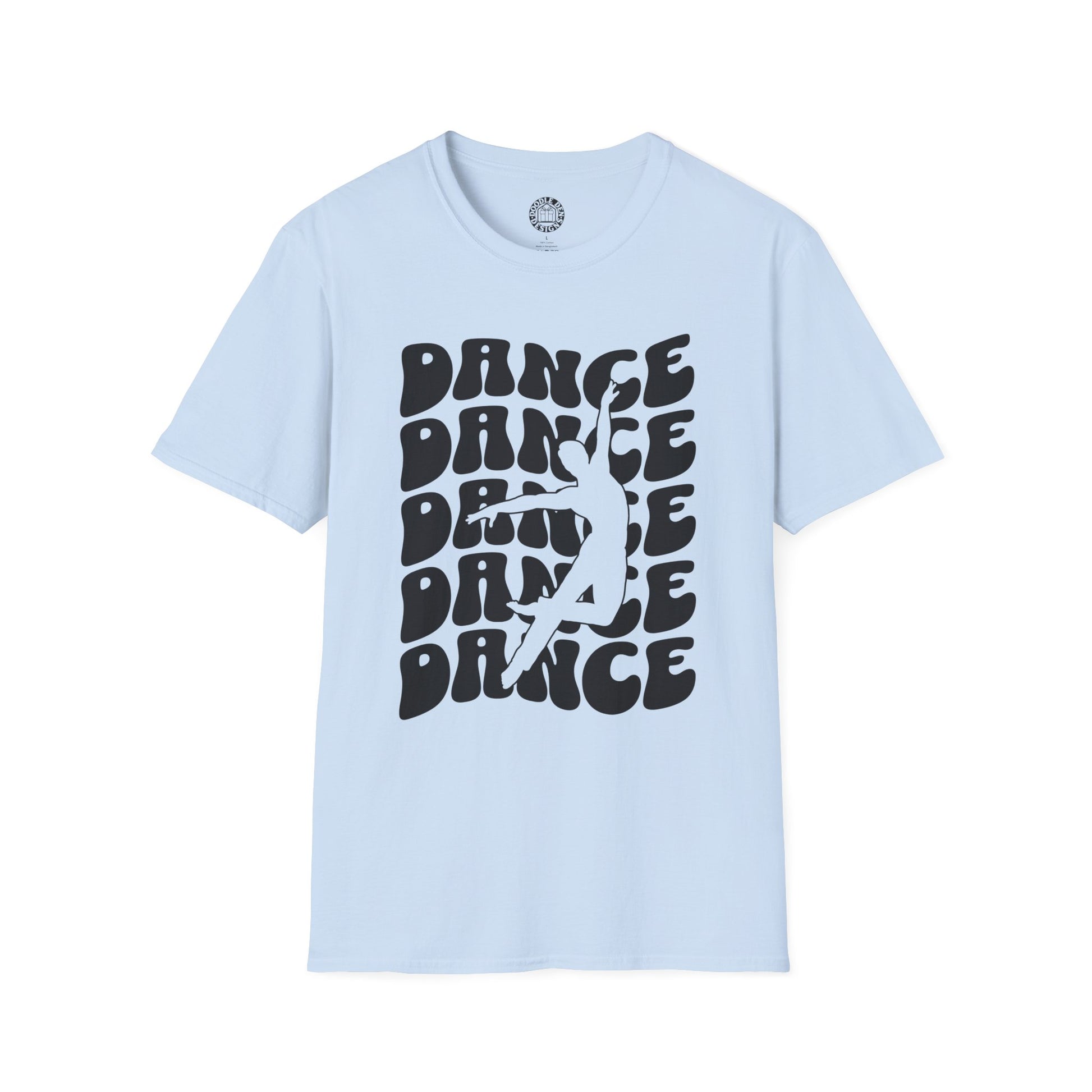 Light blue t-shirt with 'DANCE' text pattern on a white background