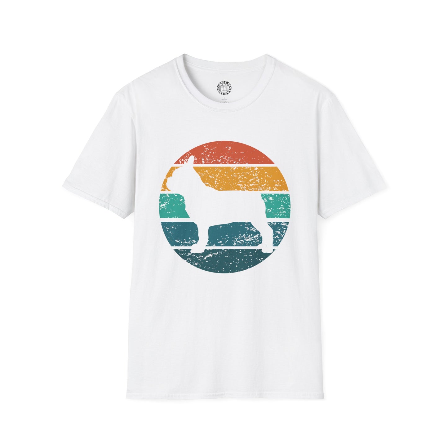 White t-shirt with a colorful graphic of a french bulldog dog and a bone on a white background