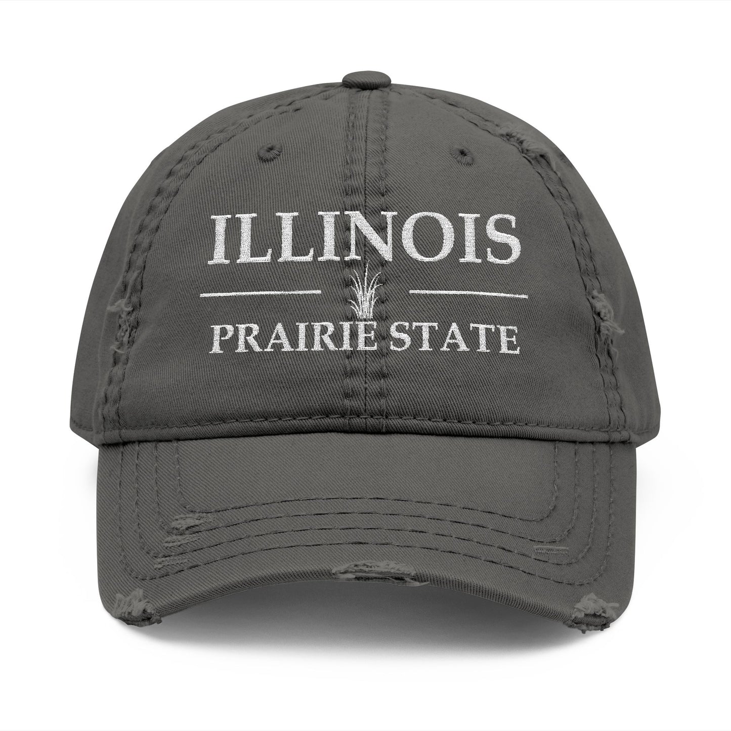 Gray cap with 'ILLINOIS Prairie State' text  embroidered in white thread