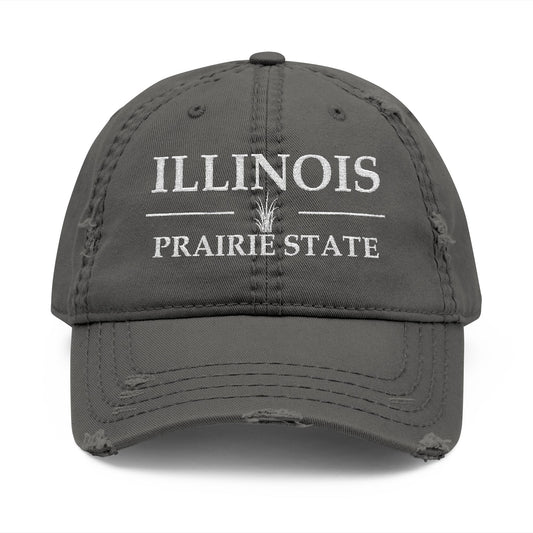 Gray cap with 'ILLINOIS Prairie State' text  embroidered in white thread