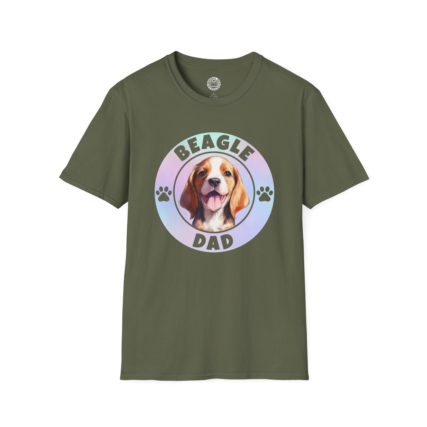 Green t-shirt with a beagle graphic and 'Beagle Dad' text on a white background