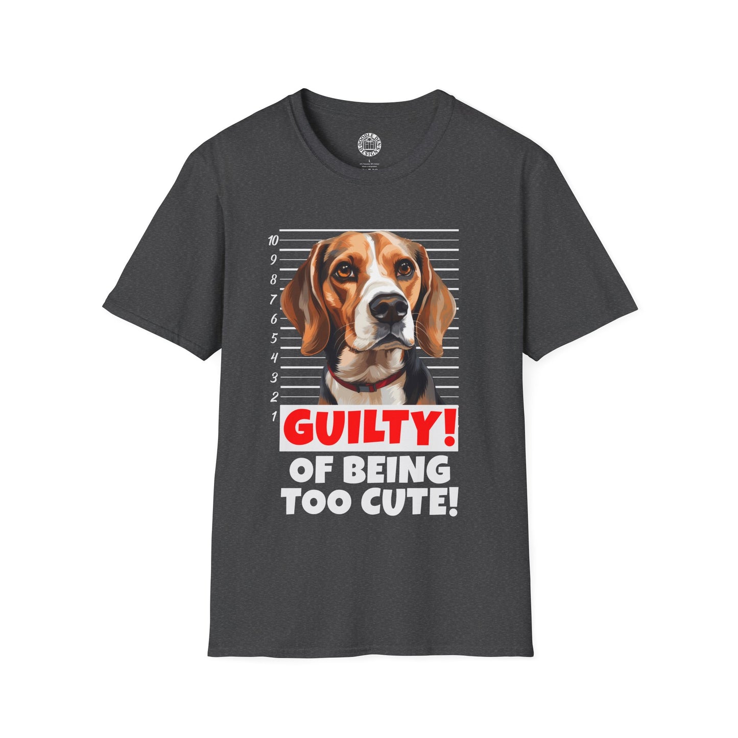 Black t-shirt with a beagle dog graphic and text 'Guilty! Of being too cute!' on a white background