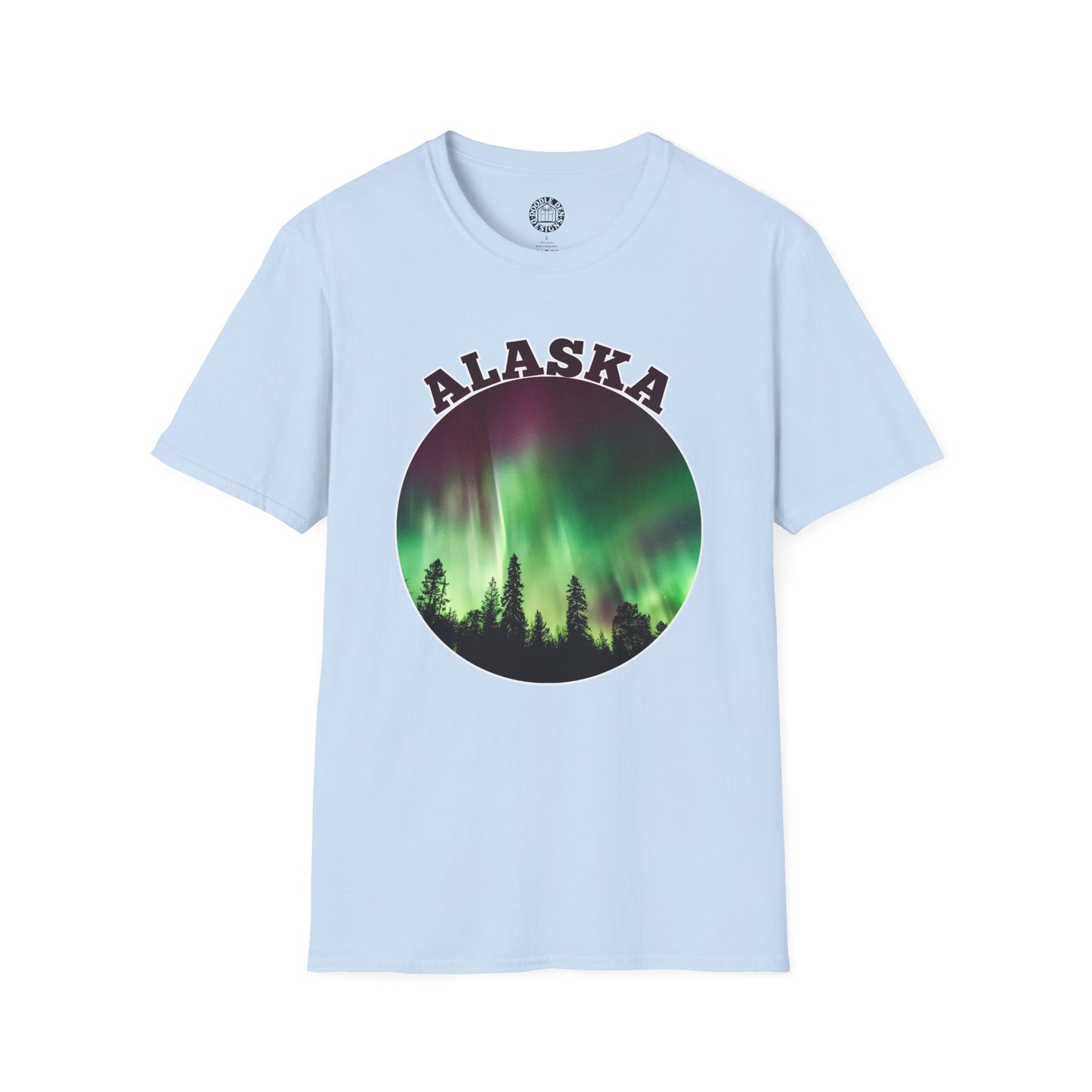 Light blue t-shirt with 'Alaska' and Northern Lights design on a white background