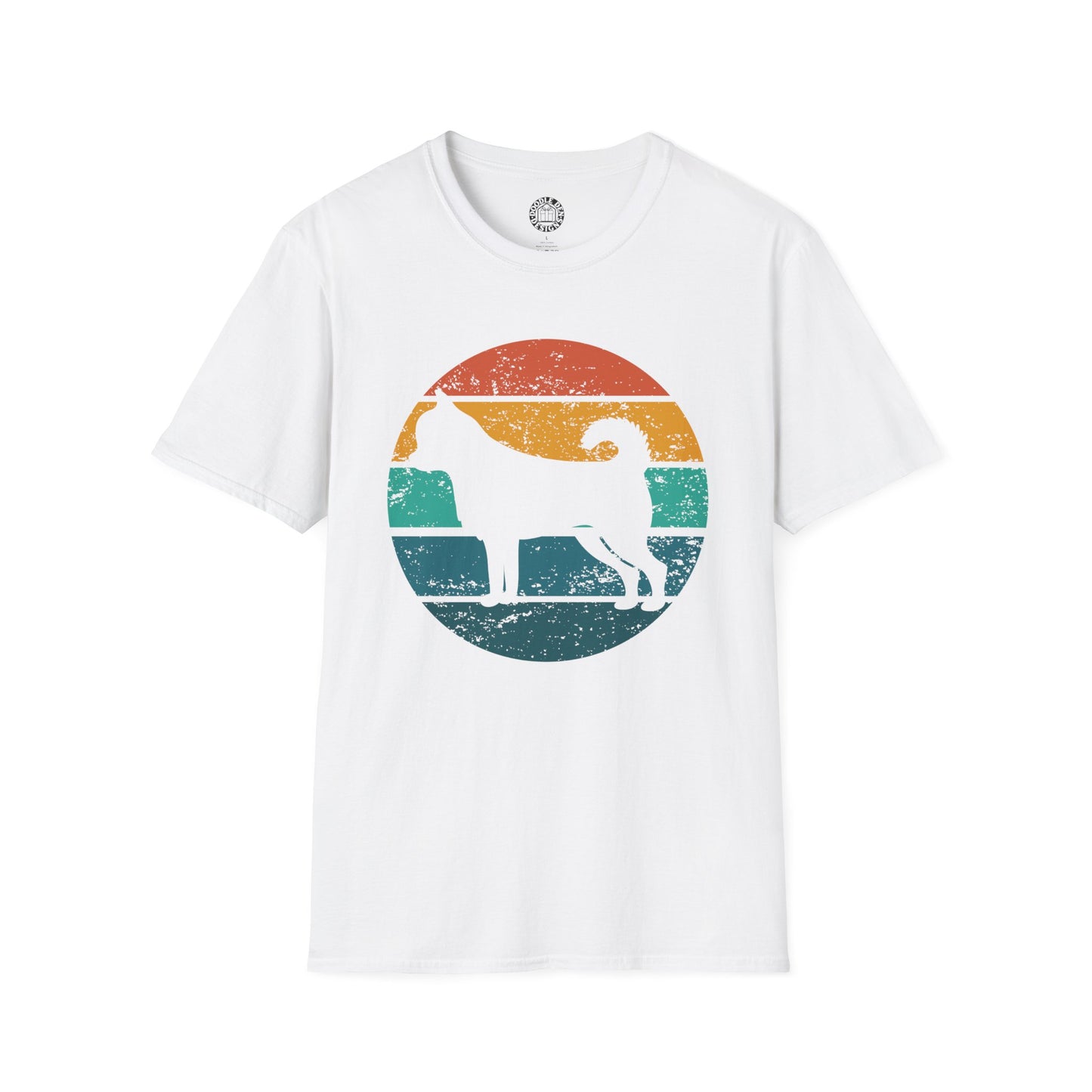 White t-shirt with a colorful circular design featuring a chihuahua dog silhouette on a white background