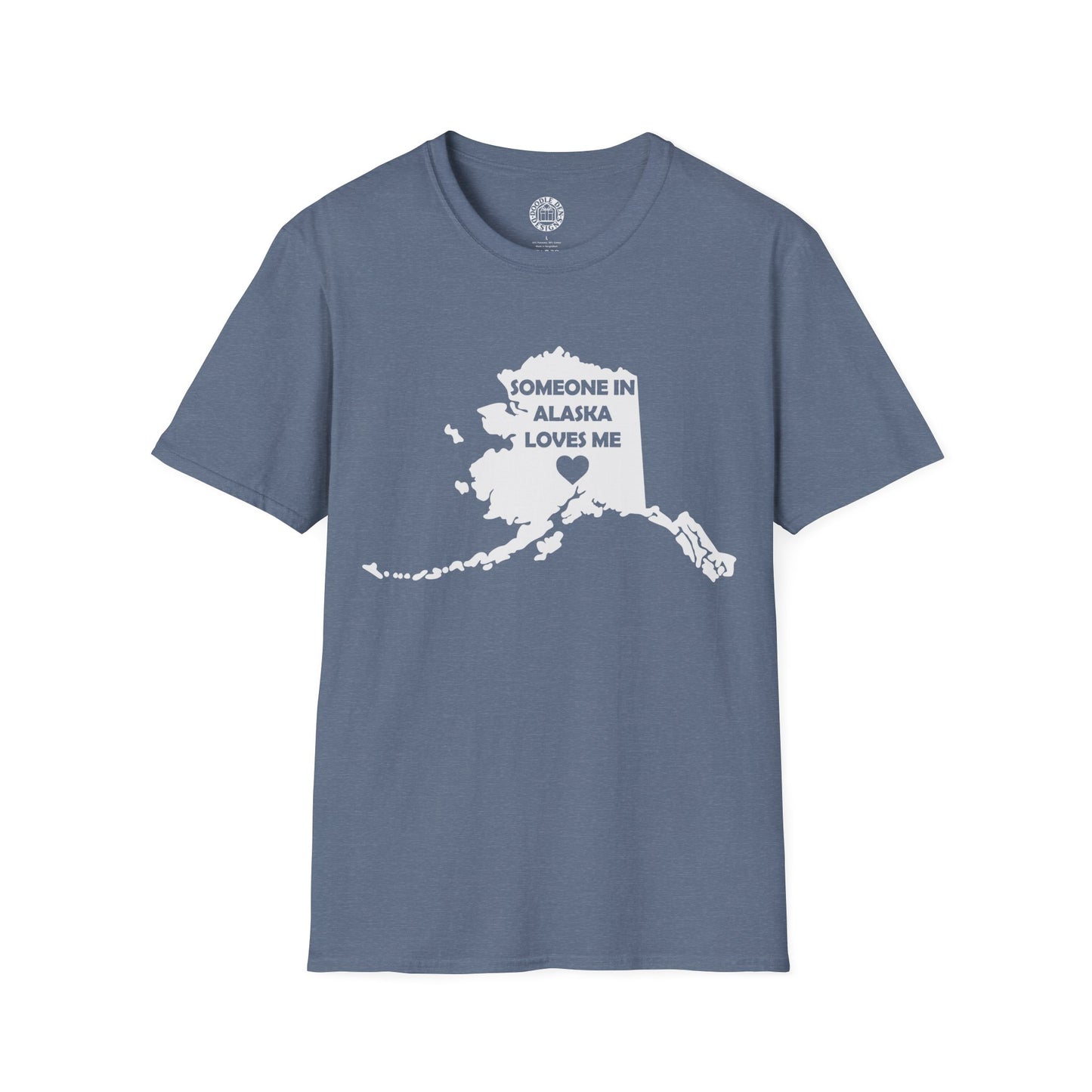 Blue t-shirt with white graphic of Alaska and text on a white background