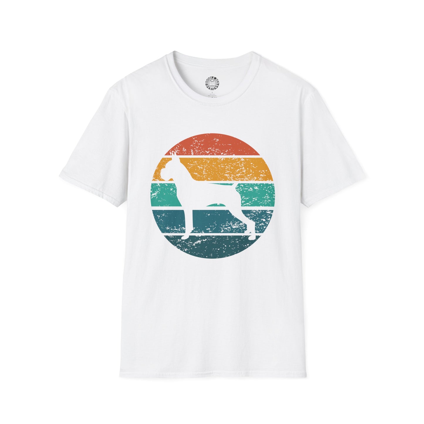 White t-shirt with a colorful graphic of a boxer dog on a white background