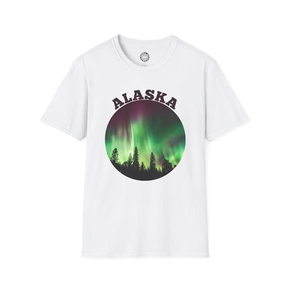White t-shirt with 'Alaska' graphic design featuring Northern Lights and trees on a white background