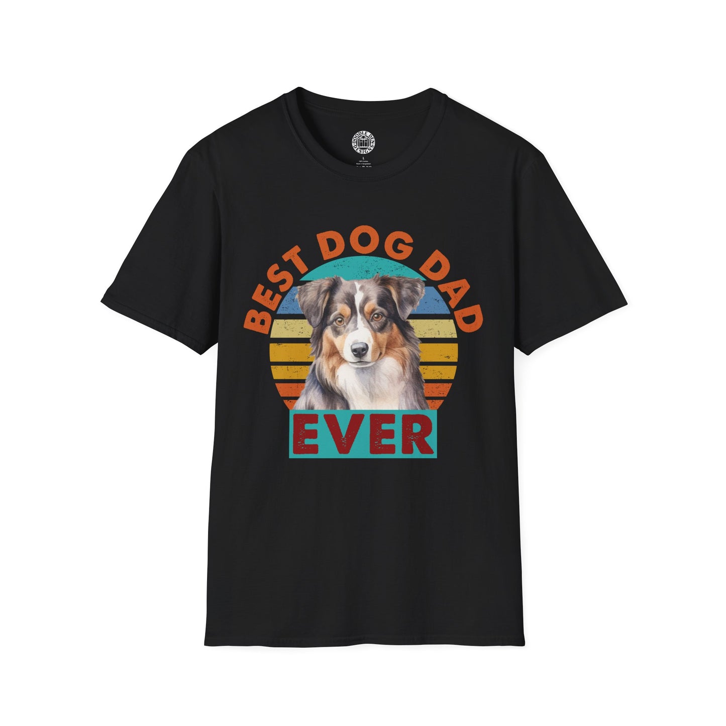 Black t-shirt with a Australian Shepherd dog graphic and 'Best Dog Dad Ever' text on a white background