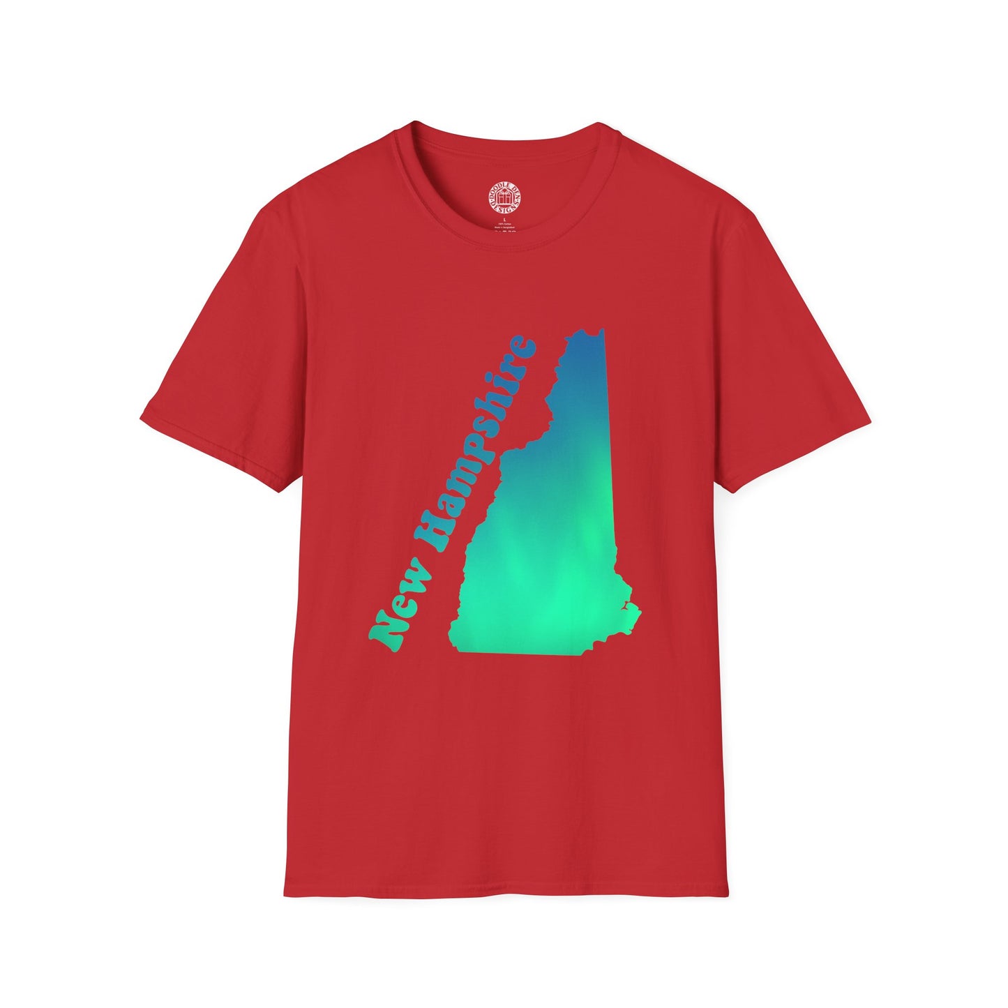 Red t-shirt with New Hampshire state outline design on a white background