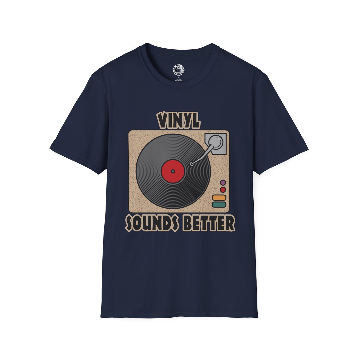Navy blue t-shirt with vinyl record design and text on a white background