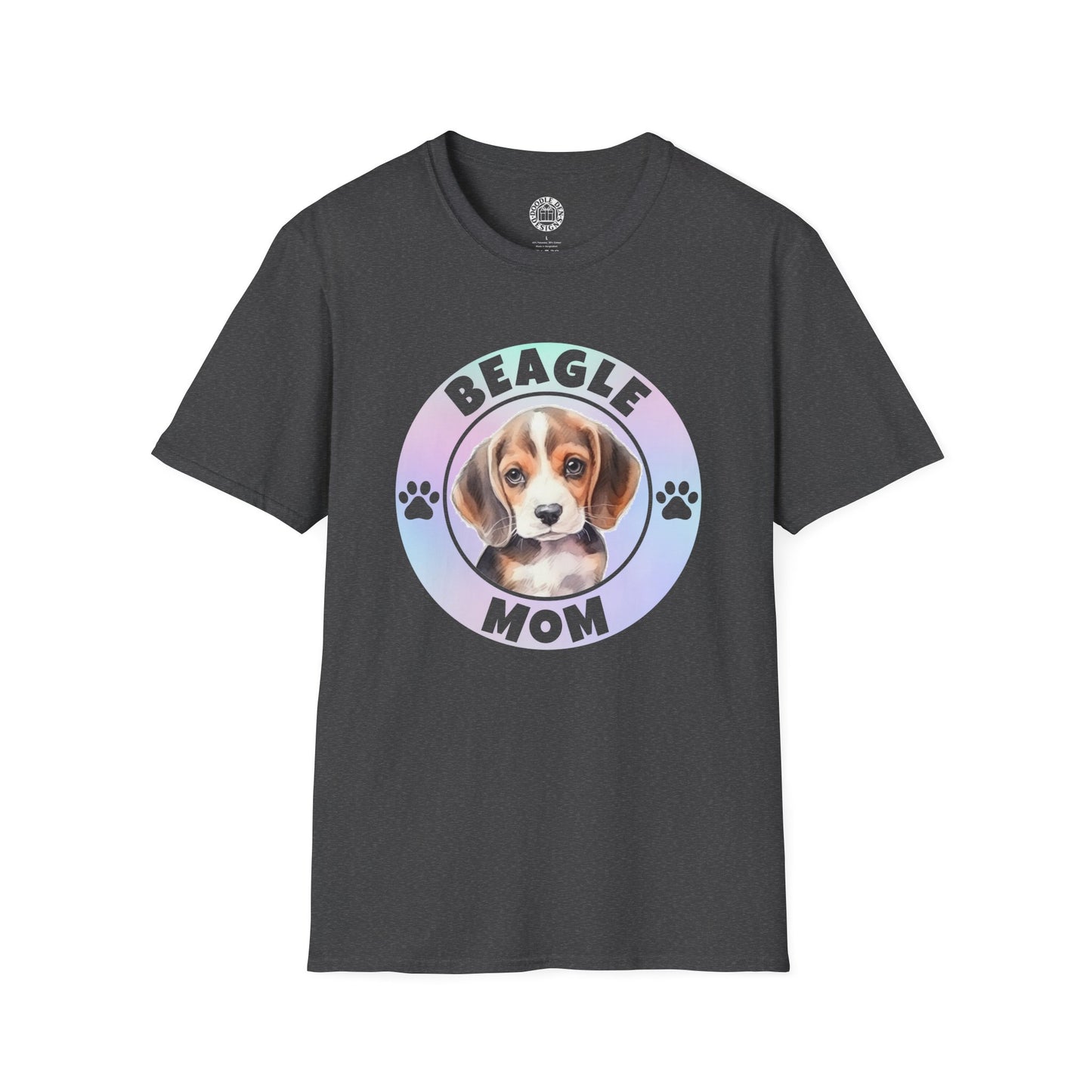 Black t-shirt with a beagle graphic and 'Beagle Mom' text on a white background