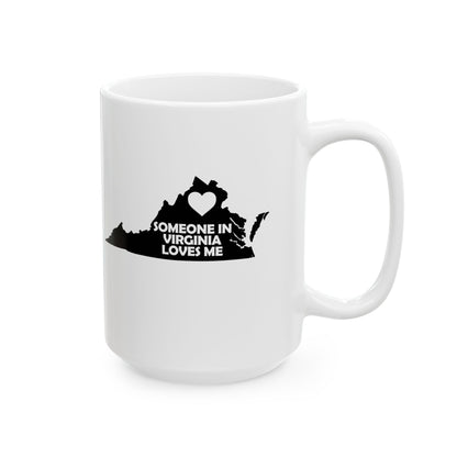 White mug with black 'Someone in Virginia loves me' design on a white background