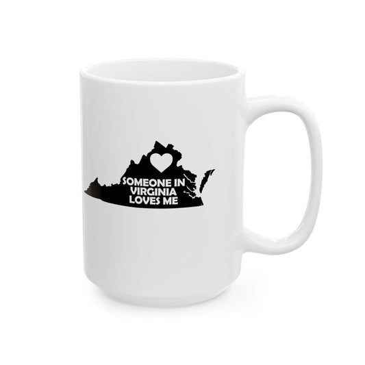 White mug with black 'Someone in Virginia loves me' design on a white background