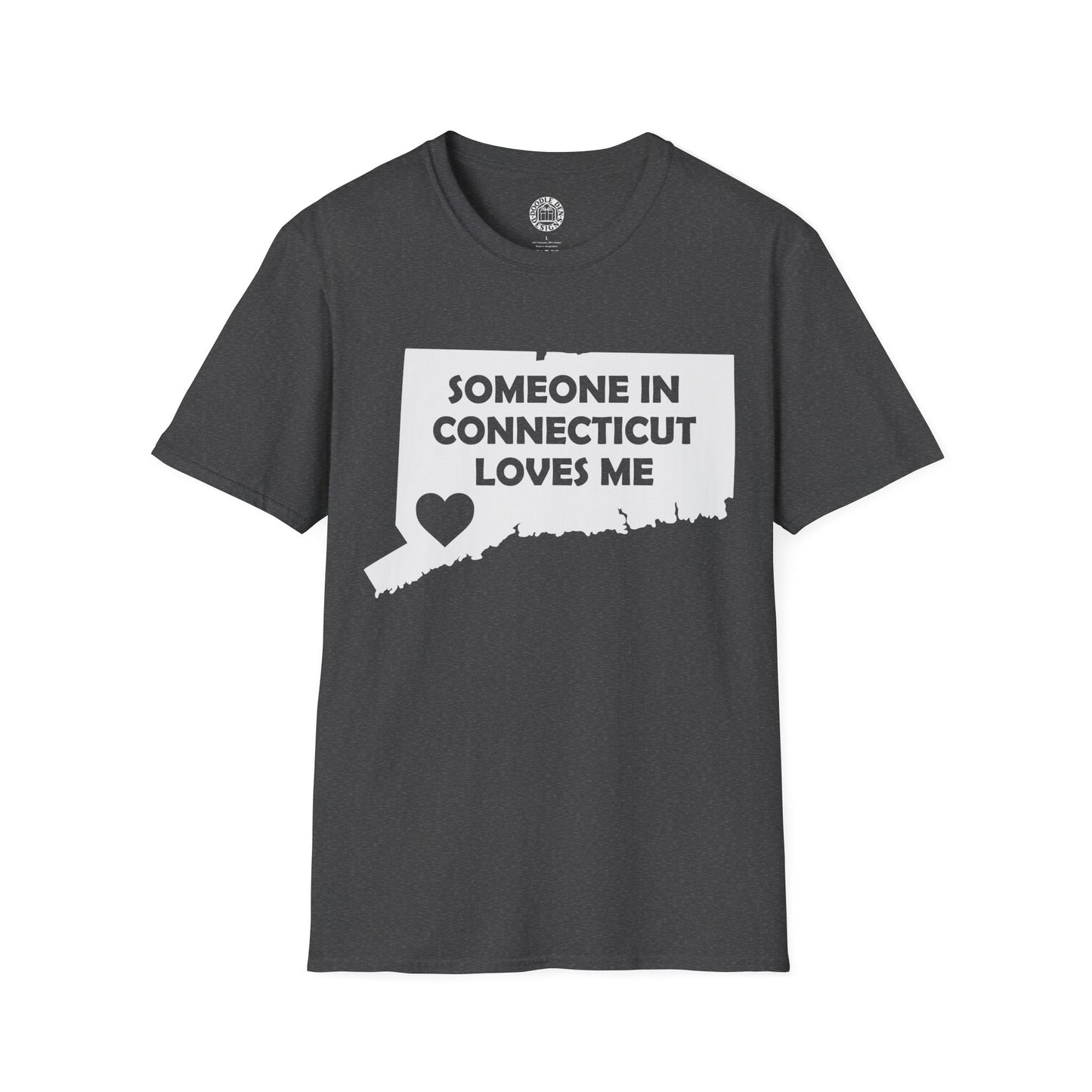 Gray t-shirt with 'Someone in Connecticut loves me' graphic on a white background