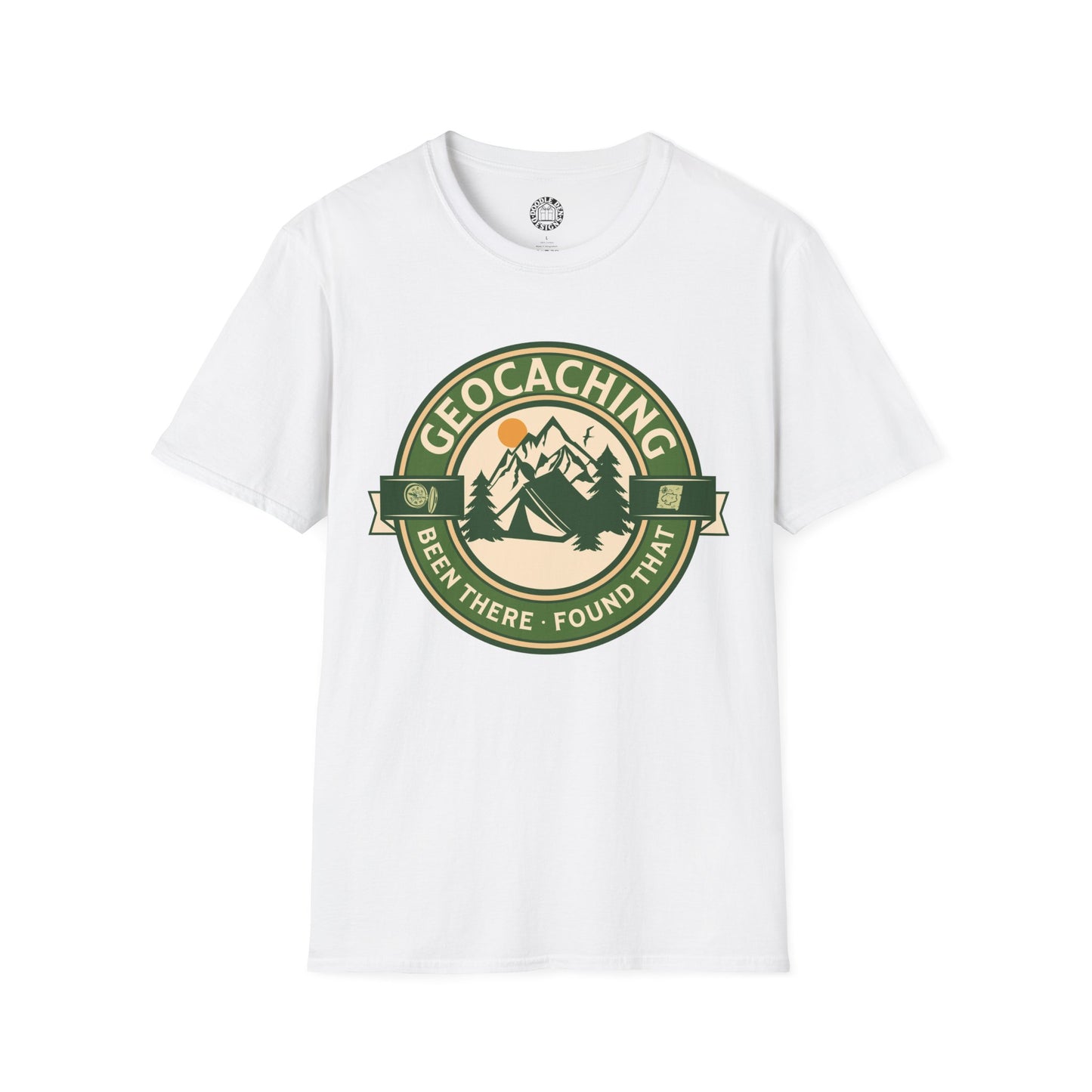White t-shirt with a geocaching logo on a white background