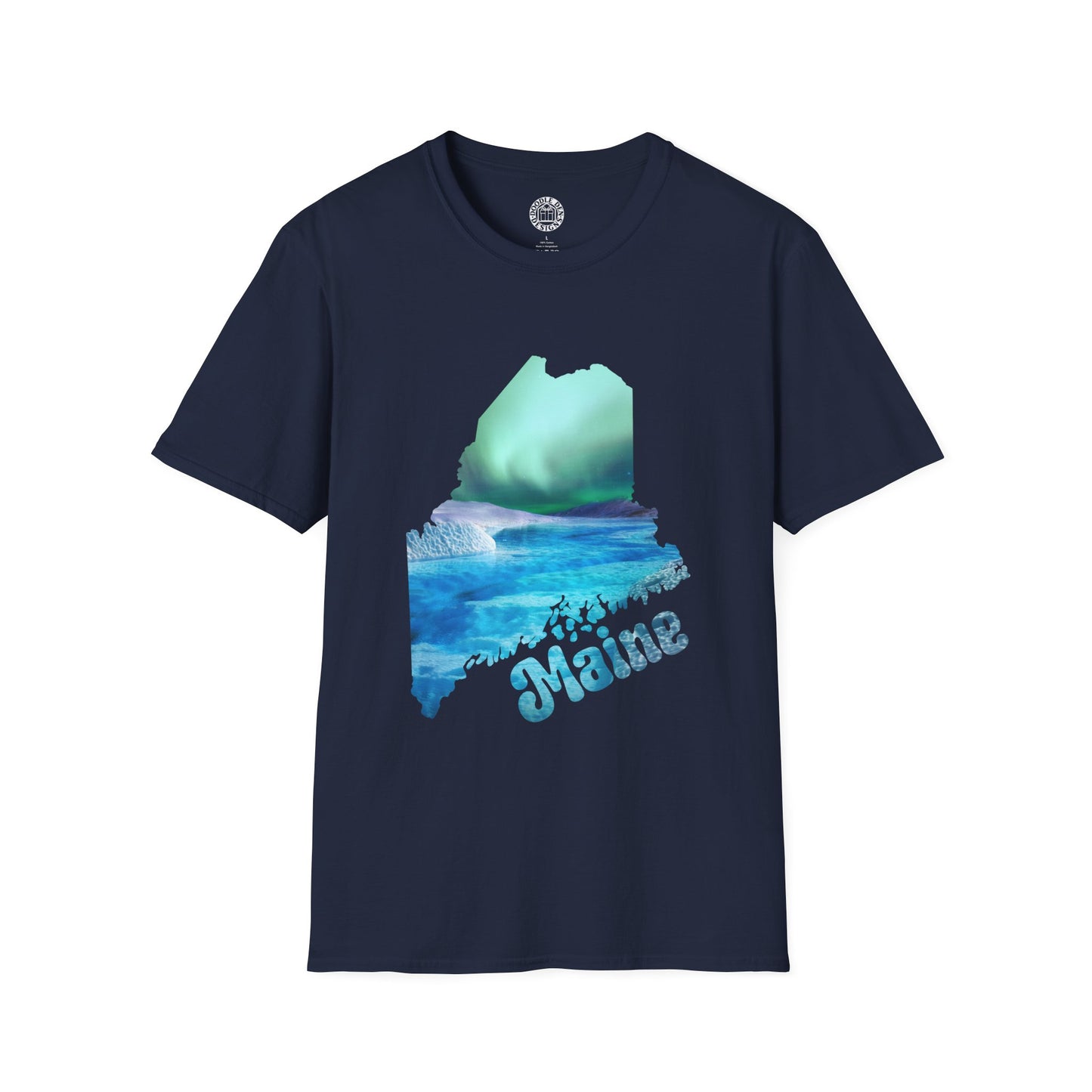 Navy blue t-shirt with a graphic of an iceberg and 'Maine' text on a white background  northern lights aurora borealis