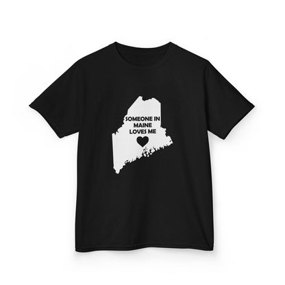 Black t-shirt with white graphic of Maine and text 'Someone in Maine loves me' on a white background