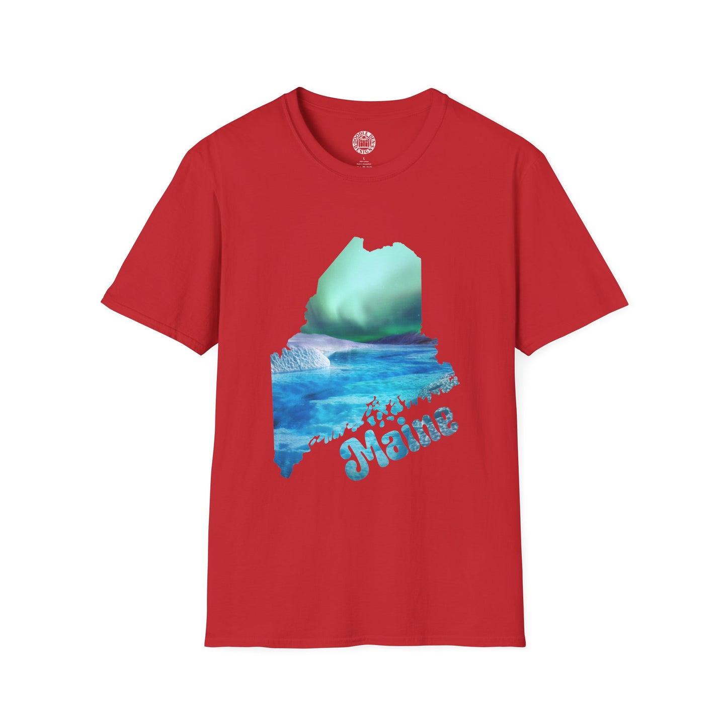 Red t-shirt with a graphic of a wave and 'Maine' text on a white background northern lights aurora borealis
