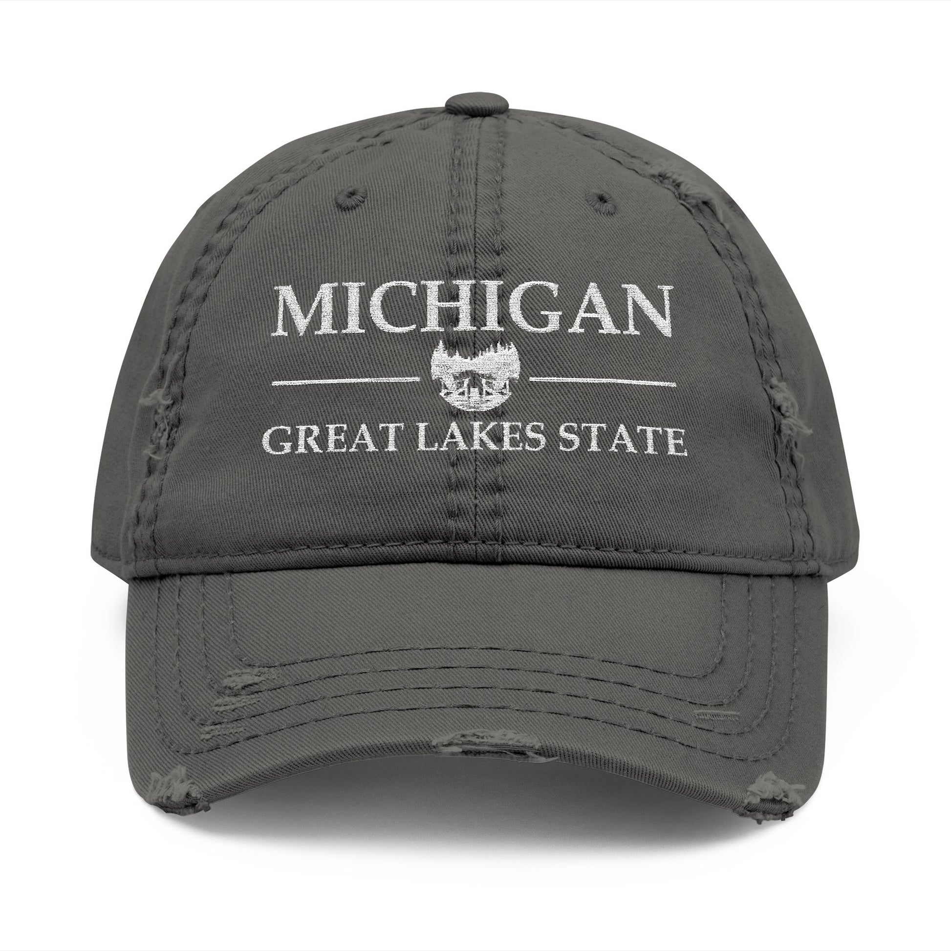 Gray cap with 'Michigan Great Lakes State' text  embroidered in white thread