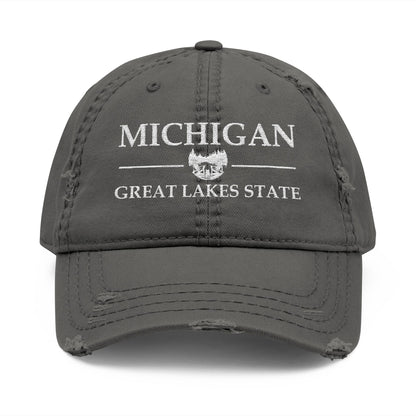 Gray cap with 'Michigan Great Lakes State' text  embroidered in white thread